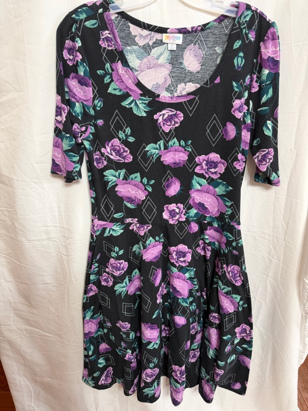LuLaRoe Black Midi Dress with Purple Floral and Teal Leaves
